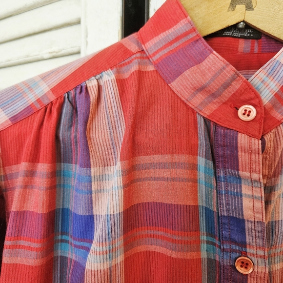 Vintage 70s Madras Cotton Puff Sleeve Blouse S - Picture 2 of 14